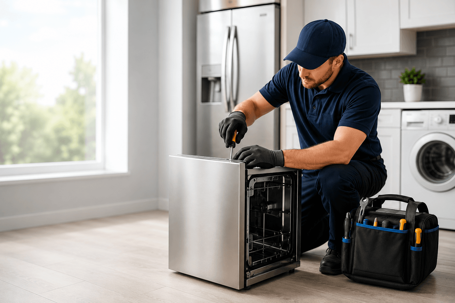 A local technician in uniform repairing a dishwasher in a bright modern kitchen.